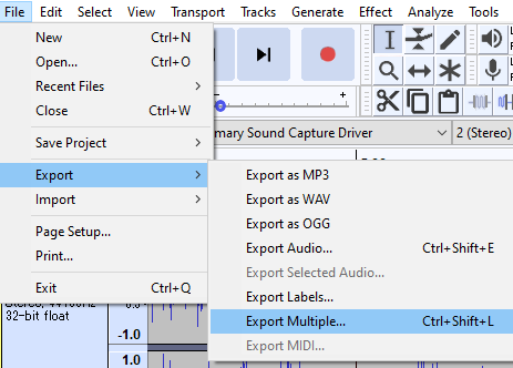 Audacity export menu