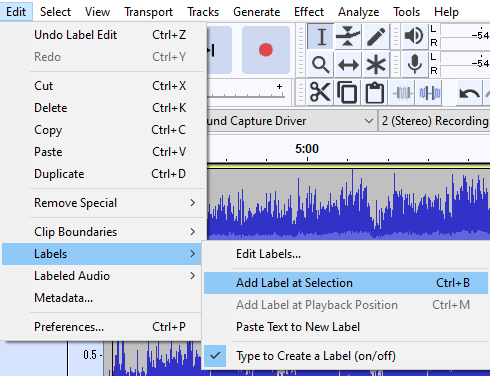 Audacity labels menu