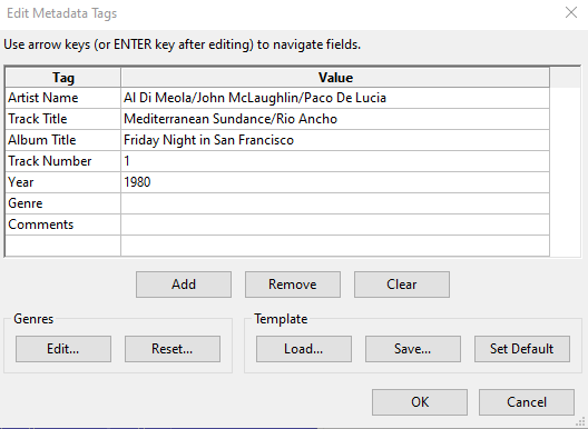 Audacity meta window